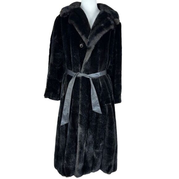 Vintage 70s Diamonte Faux Fur Coat Black Brown Mob Wife Size Medium Classic - Picture 9 of 10